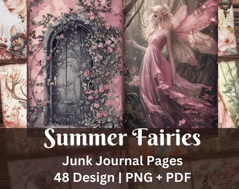 Pink Forest Fairy Junk Journal Pages | Summer Magical Fairies Illustration Scrapbook Ephemera Kit | Printable Background | Shabby Chic