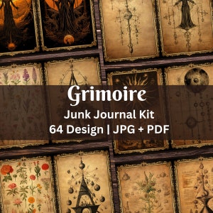 May include: A digital collage of 64 vintage-style images, perfect for junk journaling. The images feature a variety of designs, including botanical illustrations, celestial charts, and occult symbols. The title "Grimoire Junk Journal Kit" is displayed in a bold, decorative font.