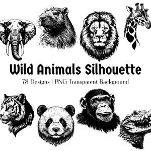 78 Wild Animals Head Silhouette PNG Mega Pack | Zoo Animal Silhouette Bundle | Animal Face Files Cricut | Animals Portrait Laser Cut Clipart