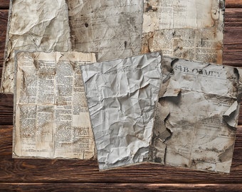 Puede incluir: Una colección de texturas de papel vintage en varios tonos de marrón y blanco. El papel está arrugado y rasgado, lo que le da un aspecto desgastado. El papel tiene texto impreso, incluidas las palabras "34 Designs Printable Vintage Paper".