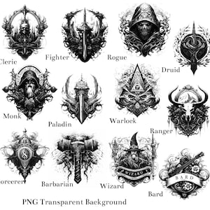 RPG Clase Insignia Emblema PNG Pack / Juego de mesa Juego de rol Silueta / Mago, Brujo, Paladín, Luchador, Bárbaro, Pícaro