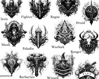 RPG Class Insignia Emblem PNG Pack | Tabletop Gaming Role Playing Game Silhouette |  Wizard, Warlock, Paladin, Fighter, Barbarian, Rogue
