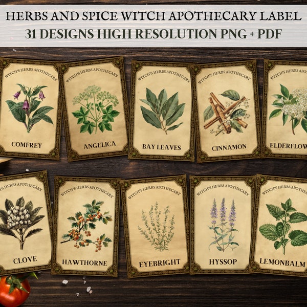 Witch Herb Spice Apothecary Label | Wizard Vintage Potion Labels Junk Journal Ephemera | Herbarium Cards Spice Jar Labels Witchcraft Supply