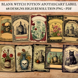 May include: A set of 68 printable witch potion apothecary labels in high resolution PNG and PDF format. The labels feature vintage illustrations of skulls, flowers, bottles, and other apothecary elements.