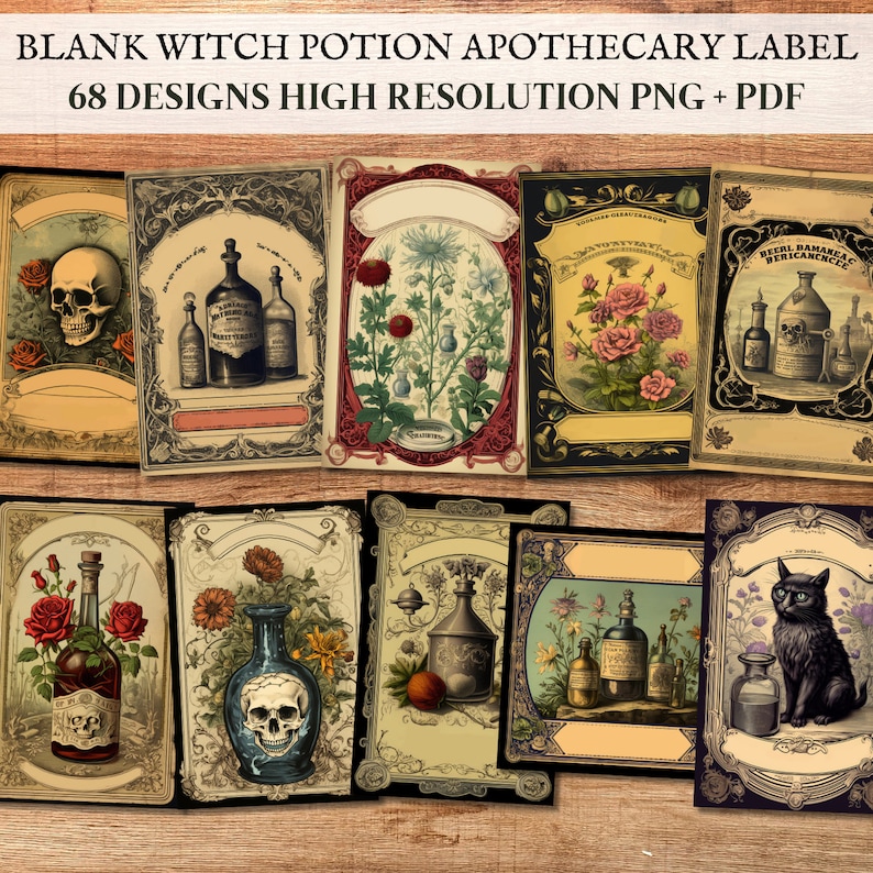May include: A set of 68 printable witch potion apothecary labels in high resolution PNG and PDF format. The labels feature vintage illustrations of skulls, flowers, bottles, and other apothecary elements.