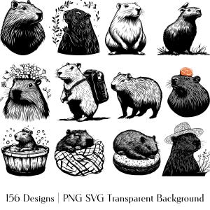 Capybara Clipart Mega Pack | Black and White Transparent PNG & SVG | Cute Kawaii Capybara Illustrations | Animal Cartoon Design T shirt