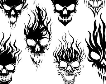 Flaming Skull SVG PNG Pack | Ethereal Skulls Laser Cut Files | Black and White Tattoo Designs | Halloween Stencil Prints | Horror Season