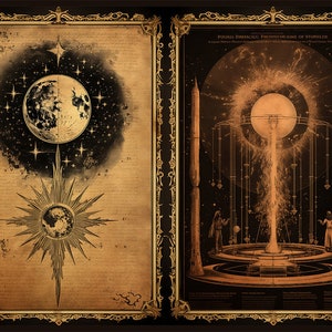 May include: Two antique-style illustrations depicting celestial bodies. The left image shows a crescent moon with stars and a sun with rays. The right image shows a large moon with a fountain of water erupting from its center.