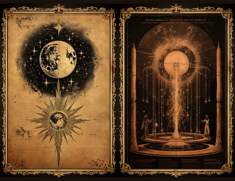 May include: Two antique-style illustrations depicting celestial bodies. The left image shows a crescent moon with stars and a sun with rays. The right image shows a large moon with a fountain of water erupting from its center.