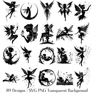 Silhouette de personnage féerique magique 89 modèles Méga pack SVG PNG | Clipart fées | Fée Clipart vectoriel | Fichiers découpés au laser | Impressions numériques