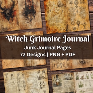Heks Grimoire dagboekinvoer Junk Journal-pagina's | Boek met spreuken Ephemera | Grimoire Boek der Schaduwen Vintage gekleurd papier digitale Wiccan