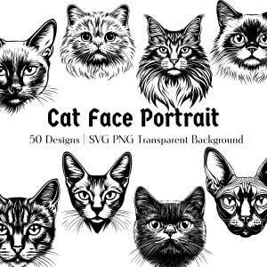 Chats mignons race visage Portrait SVG PNG Clipart Mega Pack | T-shirt noir et blanc, fichiers transparents | Stickers animaux Cricut imprimables