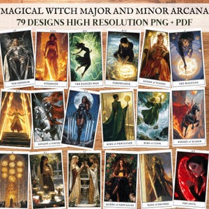 Witch Magical Tarot Card Major and Minor Arcana Set Printable | Dark Academia Fantasy Cards Deck | Fortune Teller Scrapbook Ephemera PNG PDF