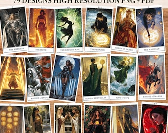 Könnte beinhalten: Ein Set mit 79 Tarotkarten mit Illustrationen von Frauen in verschiedenen Posen und Umgebungen. Die Karten sind mit ihren entsprechenden Namen beschriftet, wie z. B. "Der Kaiser", "Stärke" und "Der Gehängte".
