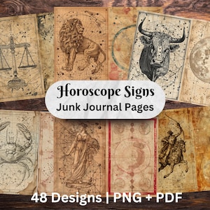 Sternzeichen Astrologie Vintage Junk Journal Seiten | Sammelalbum Ephemera | Sternbild Horoskop Prints | Himmlischen Raum Digital Hintergrund