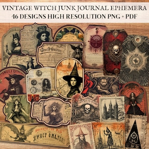 Fussy Cut Hexe Ephemera Junk Journal Kit | Vintage Tags | Etiketten | Postkarten | Gothic Grimoire Ästhetische Seiten Okkult | Druckbare Sticker