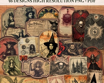 Fussy Cut Witch Ephemera Junk Journal Kit | Vintage Tags | Labels | Postcards | Gothic Grimoire Aesthetic Pages Occult | Printable Sticker