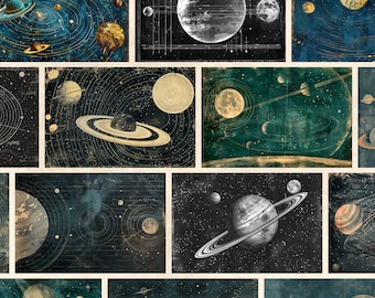 May include: A vintage style illustration of a solar system with planets, stars, and orbits. The planets are depicted in shades of blue, green, and gray, with rings around some of them. The background is a dark blue with white stars.