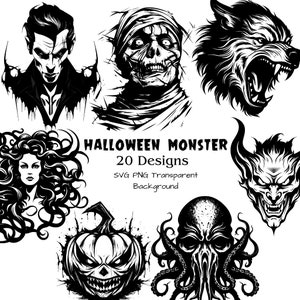 Halloween Monster SVG Pack | PNG Clipart | Cricut files | Tattoo Design | Vampire | Witch Werewolf Jack o lantern | Transparent Background