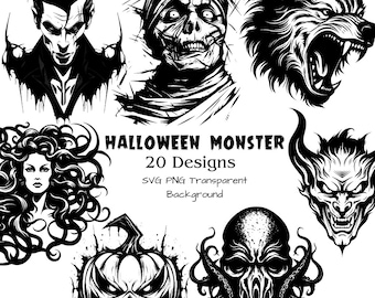 Halloween Monster SVG Pack | PNG Clipart | Cricut files | Tattoo Design | Vampire | Witch Werewolf Jack o lantern | Transparent Background