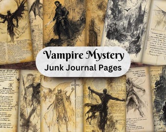 May include: 72 digital printable pages with vintage style illustrations and text, perfect for junk journaling. The pages feature a gothic theme with images of vampires, skeletons, and other spooky creatures. The text includes phrases like "Vampire Mystery" and "Junk Journal Pages".