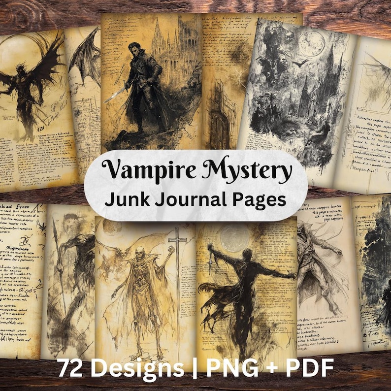 May include: 72 digital printable pages with vintage style illustrations and text, perfect for junk journaling. The pages feature a gothic theme with images of vampires, skeletons, and other spooky creatures. The text includes phrases like "Vampire Mystery" and "Junk Journal Pages".