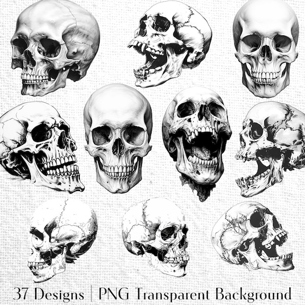 Skull Clipart Set | Black and White Tattoo Designs | Anatomy Ephemera | Transparent Background Commercial Use | Digital Prints | Horror