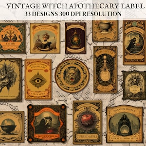 Grimoire-etiket Apotheker | Toverdrankelixer | junkjournaal Book of Shadows| Gotisch |  Elixer | Kieskeurig snit | Heksenlabels | Hekserij: