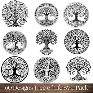 Arbre de vie SVG PNG Méga pack | Lot de cliparts d'arbres celtiques | Silhouette D'arbre Yggdrasil Clipart | Dessins de tatouage de racine d'arbre | Fichiers Cricut