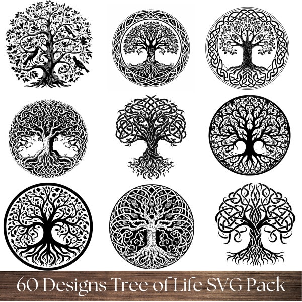 Árbol de la vida SVG PNG Mega Pack / Paquete de imágenes prediseñadas de árbol celta / Yggdrasil Tree Silhouette Clipart / Diseños de tatuajes de raíz de árbol / Archivos Cricut