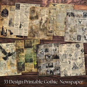 Páginas de jornal vintage de bruxa feiticeira | Kit de diário de lixo | Ephemera de álbum de recortes | Livro de sombras de grimório | Textura de papel antigo | Manchado de grunge
