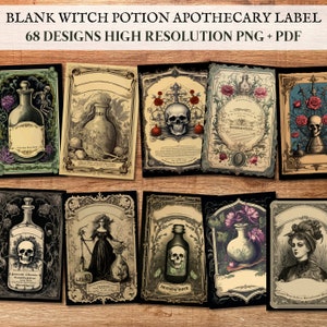 May include: Set of 68 printable witch potion apothecary labels in high resolution PNG and PDF format. The labels feature vintage-inspired designs with skulls, flowers, and potion bottles.