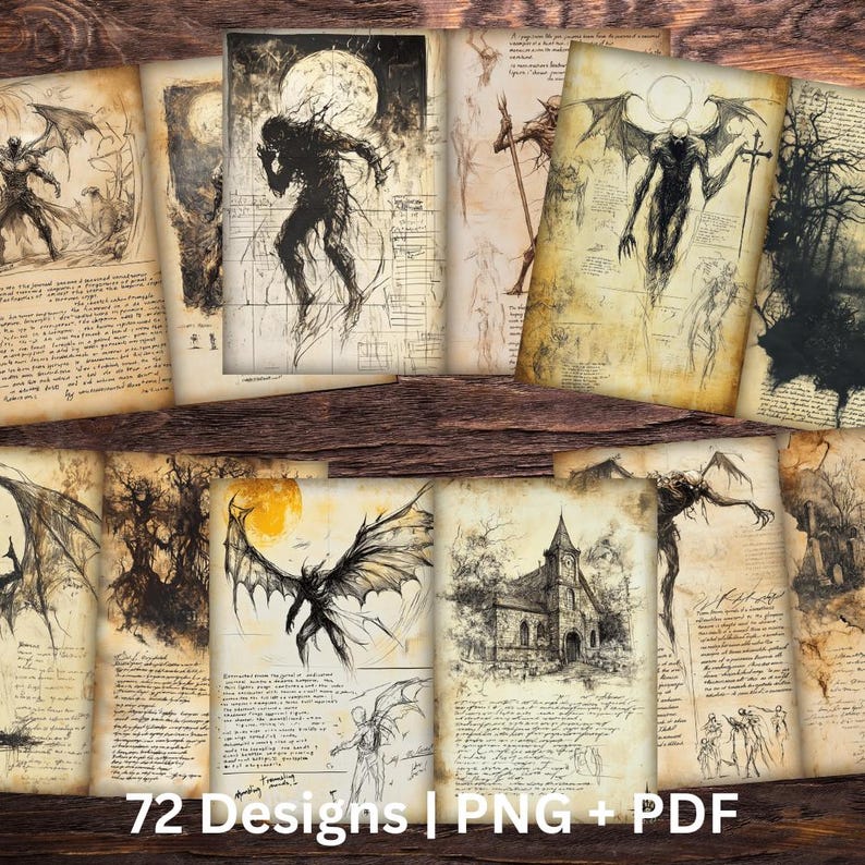 May include: A set of 72 digital printable papers featuring vintage style illustrations of spooky creatures, gothic architecture, and other dark fantasy elements. The papers are in black and white and have a distressed, aged look.