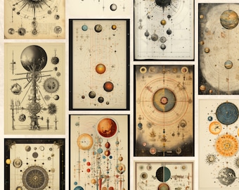 May include: A collection of 10 vintage celestial maps with intricate details of planets, stars, and constellations. Each map is framed in a black border and features a unique design.