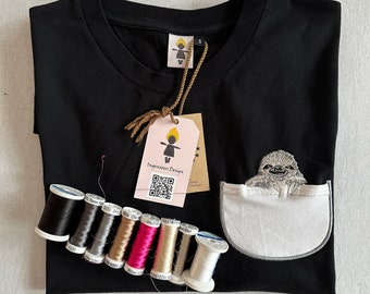 Camiseta/suéter con bolsillo en el pecho perezoso unisex de algodón orgánico bordado con perezoso en el bolsillo del pecho
