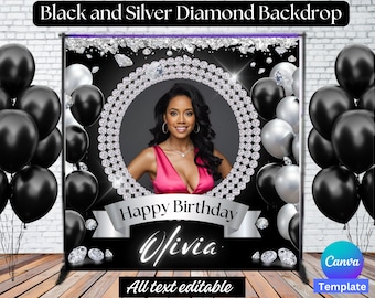 Elegant Black and Silver Backdrop Template with Diamond Accents, birthday backdrop, party backdrop, canva template, editable, diamond, Event