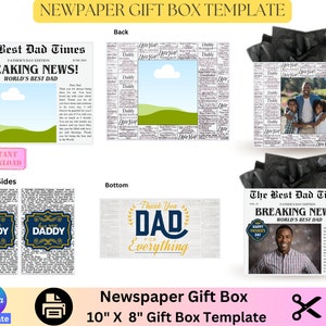 Father's Day Newspaper template, personalized gift box, Canva template, Dad gift idea, editable gift box template, Father's Day gift