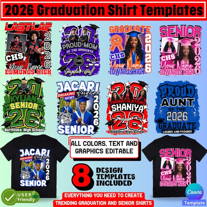 Peut inclure: Plusieurs mod&egrave;les de t-shirts de remise de dipl&ocirc;mes avec des motifs vari&eacute;s. Les motifs comprennent du texte tel que "Senior 2026", "Proud Mom of the Graduate" et des noms d'&eacute;coles. L'image comprend &eacute;galement le texte "All Colors, Text and Graphics Editable".