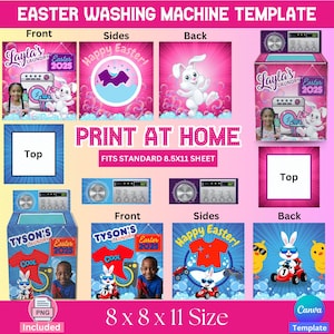 May include: Printable Easter washing machine template for a personalized party decoration. The template includes a front, back, sides, and top panels with a bunny rabbit and Easter egg designs. The template is designed to fit a standard 8.5x11 sheet of paper.