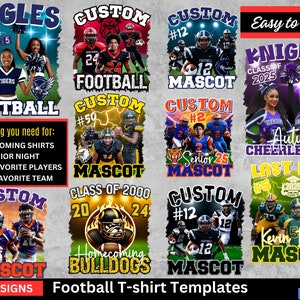 Editable 10 Football Mascot Shirt Canva Template, Custom Homecoming, School Design, 90s T-Shirt, PNG, DTF, Photo Sublimation, Senior night