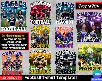 Editable 10 Football Mascot Shirt Canva Template, Custom Homecoming, School Design, 90s T-Shirt, PNG, DTF, Photo Sublimation, Senior night