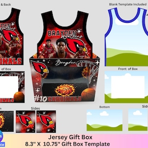 Op de afbeelding: Een sjabloon voor een jersey geschenkdoos met basketbalthema. Het ontwerp omvat een jersey, doos en leeg sjabloon. Het jersey-ontwerp heeft een rood-zwart kleurenschema met de tekst "BRAYDEN WATKINS" en "CARDINALS". De doos is 21,08 cm x 27,31 cm.