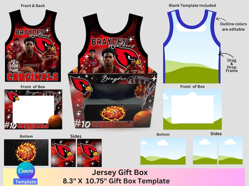 May include: A jersey gift box template featuring a basketball theme. The design includes a jersey, box, and blank template. The jersey design has a red and black color scheme with the text "BRAYDEN WATKINS" and "CARDINALS". The box is 8.3" x 10.75".