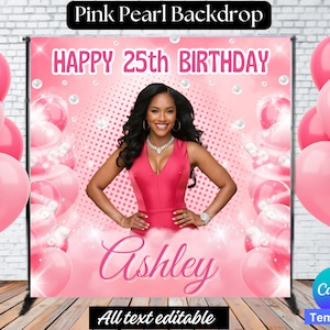 Op de afbeelding: Roze en witte verjaardag achtergrond met een foto van een vrouw en de tekst "Happy 25th Birthday Ashley". De achtergrond heeft een parel en bubbel ontwerp.