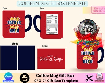 Plantilla de caja de regalo de taza de café, bolso de lujo, caja de regalo de bolso, caja de regalo de diseñador, día del padre, regalo para papá, plantilla de Canva, editable