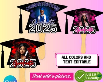 May include: Three graduation cap templates for Canva, featuring a black cap with a blue and white design, a black cap with a pink and white design, and a black cap with a red and white design. Each cap has a space for a photo and the text "2025 Graduate". The text "All colors and text editable" is also included.