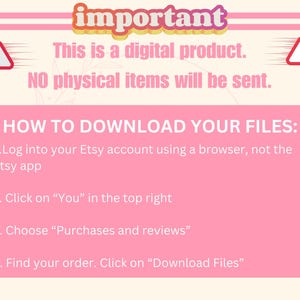 Peut inclure: Graphique rose et cr&egrave;me avec le mot "important" en haut. Le texte indique qu'il s'agit d'un produit num&eacute;rique et qu'aucun article physique ne sera envoy&eacute;. Des instructions sur le t&eacute;l&eacute;chargement des fichiers sont &eacute;galement incluses.