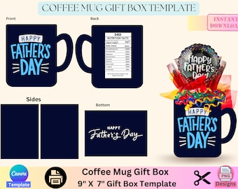 Coffee Mug Gift Box Template, Luxury Handbag, Handbag gift box, Designer gift box, Father&#39;s Day, Gift for dad, Canva template, Editable