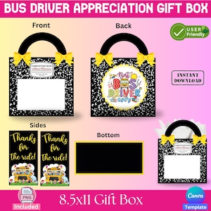 Modèle de boîte-cadeau d'appréciation de conducteur de bus, cadeau de conducteur de bus, PNG, modèle imprimable, modèle de toile, boîte-cadeau de sac à main, autobus scolaire, enseignant