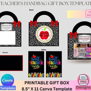 Modello di scatola regalo di apprezzamento per l'insegnante, regalo per l'insegnante, pacchetto PNG, modello stampabile, modello Canva, confezione regalo per borsetta
